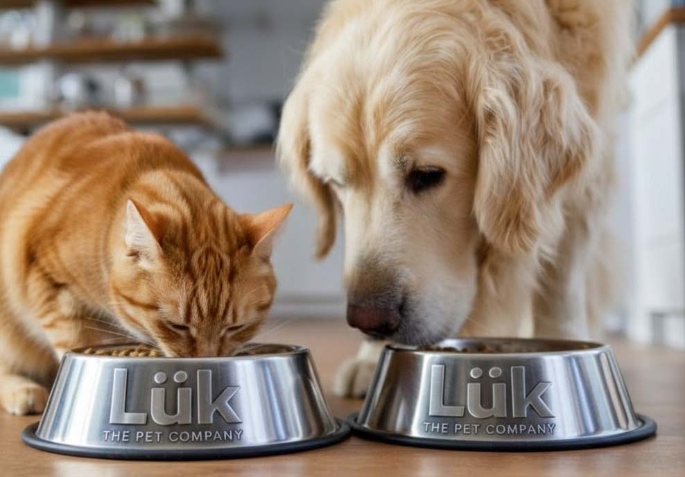 un perro y un gato comiendo de un plato con la marca luk